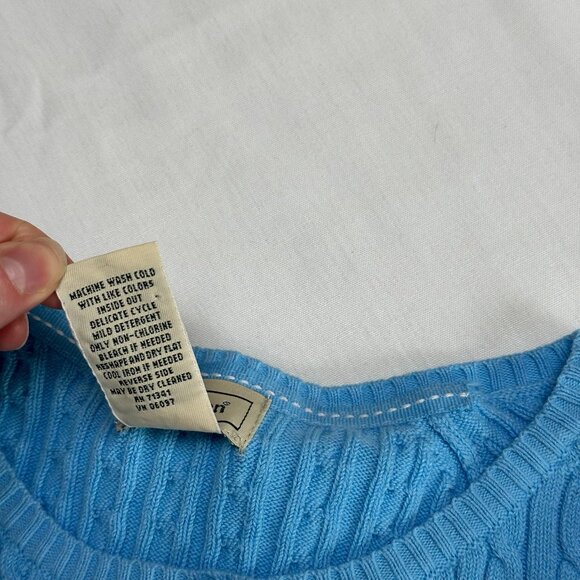 LL Bean Women Blue Cable Knit Cardigan Sweater Size Medium Preppy y2k 3/4 Sleeve - Picture 8 of 8